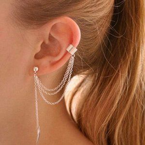 NEW Leaf Chain Earring Cuff Silver Color